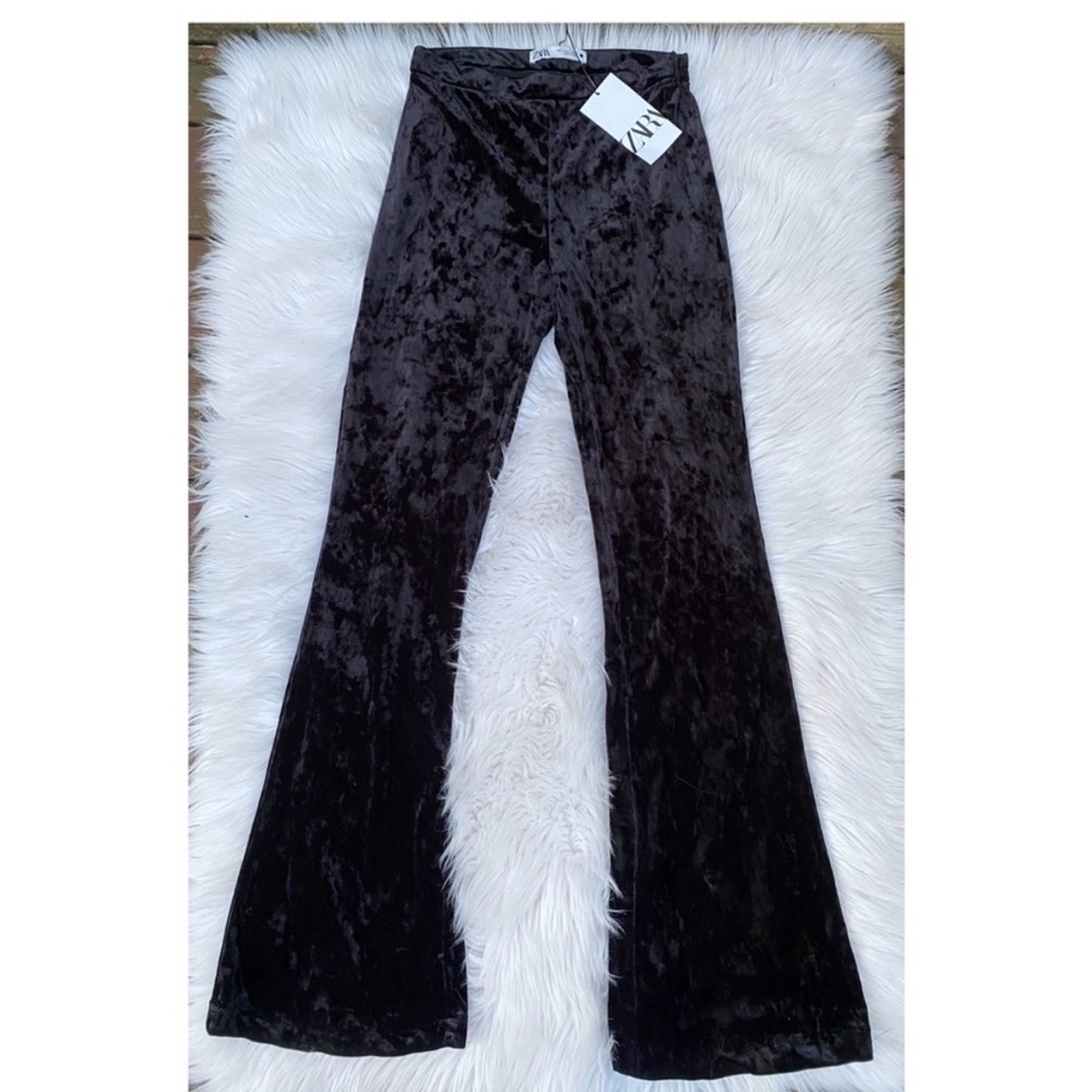 NWT Zara Black Crush Velvet Flare Pants